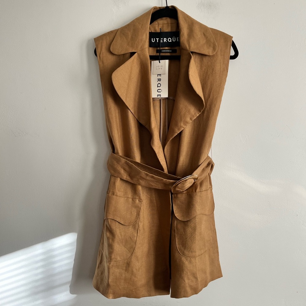 Uterque Linen Belted Tan Boho Vest